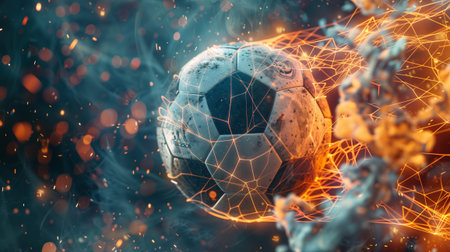 Classic soccer ball in flames tearing through the gate net, stretching it on a dark background. Realistic.の素材