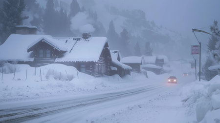 A powerful blizzard closes roads and ski resorts, with heavy snow and fierce winds hitting the mountains.の素材