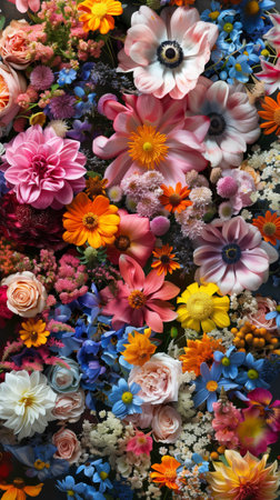 Full frame of various natural flowers. Hyperrealistic.の素材