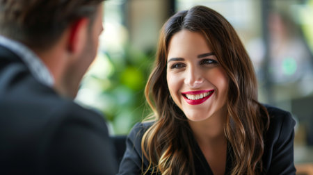 Businesswoman with a smile greets a businessman in her office for a meeting.の素材