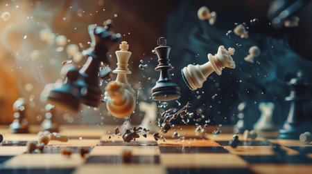 Chess pieces battle: white vs. black in the air above the board with debris. Photorealistic. Unexpected camera angle.の素材