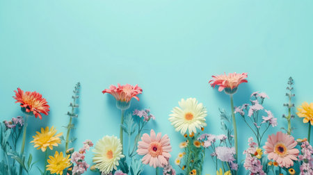 Different flowers at the sides with space in the center for text. Pastel-colored background. Realistic.の素材