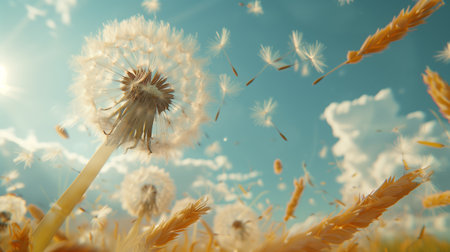 Close-up of a single dandelion stamen high in the air against a sunny sky background, with an extreme depth of field.の素材