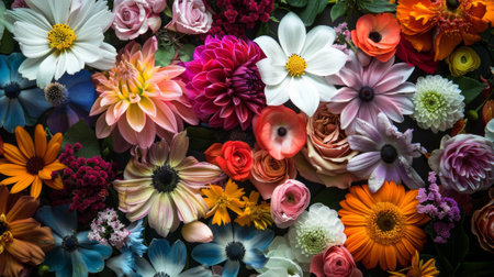Full frame of various natural flowers, depicted in hyperrealistic detail.の素材