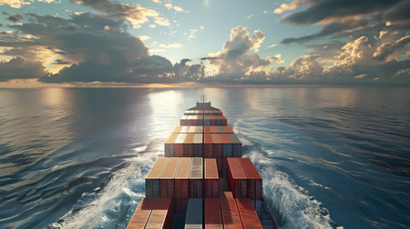 Giant container ship, fully loaded, seen from above in the middle of the ocean. Photorealistic view.の素材