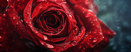 Extremely close-up of a red rose with dewdrops on it, featuring copy space.の素材