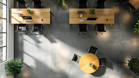 Empty office with tables, chairs, and various business-related items. Top view, depicted realistically.の素材