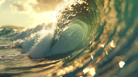 Ocean surfing, wave in tube form, on a sunny day with light. Hyperrealistic.の素材