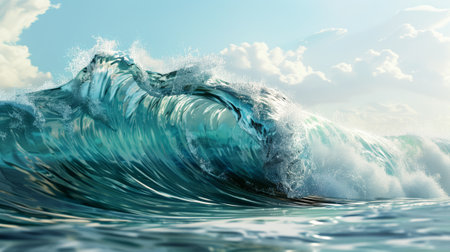 Ocean surfing wave in tube form on a sunny day with light. Hyperrealistic.の素材