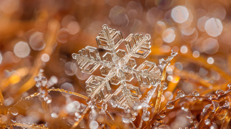 Extreme close-up of a unique snowflake with shallow depth of field and bokeh in the background.の素材