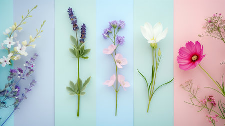 Different flowers on the sides with free space in the center for text. Pastel-colored background. Realistic.の素材