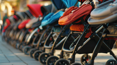 Row of new strollers for sale, brand logos not visible. DOF.の素材