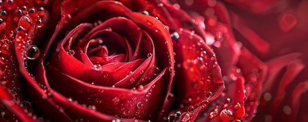 Extremely close-up of a red rose with water drops on it, and copy space.の素材