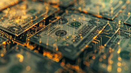 A pack of US dollars blends into transparency, transforming into binary code of zeros and ones, resembling byte encoding.の素材