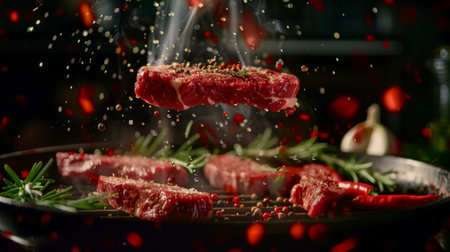 Striploin steaks of marbled beef fall in slow-motion, camera effect. Drops of hot oil, chili, black pepper, rosemary, garlic above an extremely hot grill pan. Dark background. Realistic.の素材
