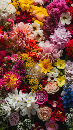 Full frame of various natural flowers. Hyperrealistic.の素材