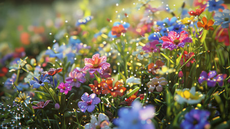 Spring flowers pattern, overcrowded with some water drops. Photorealistic. Fine exposure on a sunny day.の素材