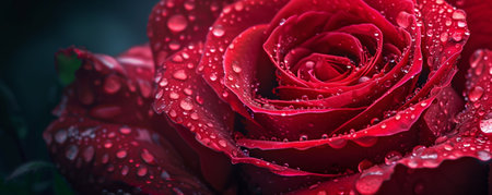 Extremely close-up of a red rose with dew drops on it, including copy space.の素材