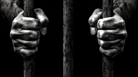 Two men's hands hold prison bars up close. Realistic.の素材