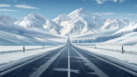 Road splits line with a beautiful snowy mountain landscape. Photorealistic.の素材