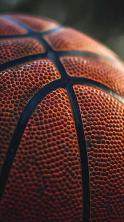 Close-up photo of a basketball that fills the entire frame, showcasing sports photography.の素材