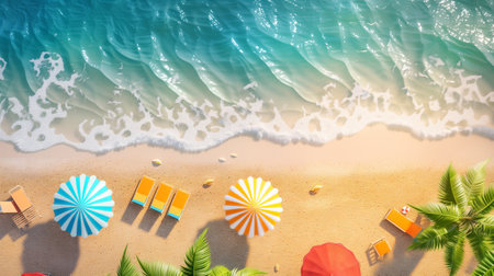 Ideal paradise beach with golden sand, umbrellas, and luxury equipment on a sunny day. Needs a partial shot with seawater. Top view. Hyperrealistic.の素材