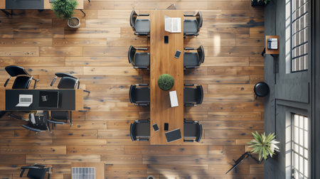 Empty office, with tables, chairs, and a few business tools. Top-down view. Rendered realistically.の素材