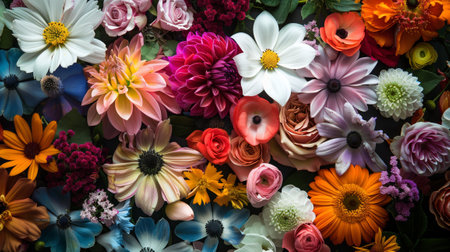 Full frame of various natural flowers. Hyperrealistic.の素材