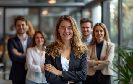 A business team of 5-10 people stands and smiles in an office environment. Full shot, depth of field, without a black frame.の素材