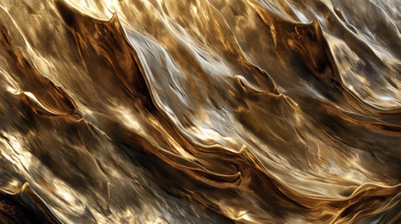 Close-up of an abstract wave in gold color, with a flat surface. Styled in photobashing, it's a shiny, detailed, reflective piece with soft-edged, glossy drapery.の素材