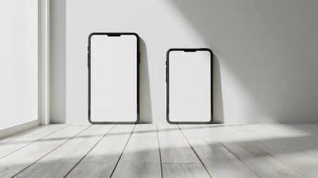 Modern mobile smartphone with white screen, label-free, hovers above white floor against a white background with soft shadow. The phone is slightly angled from the front view on the left.の素材