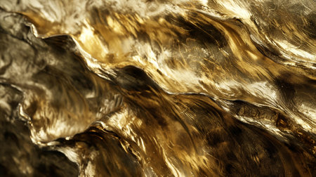 Close-up of an abstract wave with a flat surface, styled in glossy gold. Features photobashing, shiny reflective details, and soft-edged drapery for an abstract creation.の素材