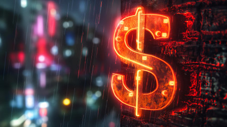 Steel dollar sign with neon lighting in background posterの素材