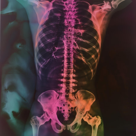 X-ray of a man with back pain, featuring a bright, vividly colored background.の素材