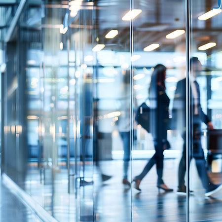 Blurred photos of business people standing and walking in an office reflected in glass walls.の素材
