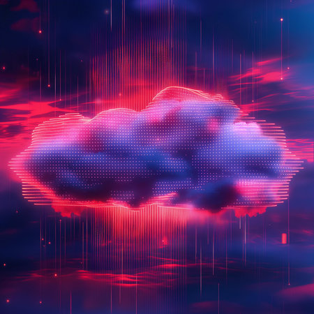Cloud technology: the true path to success. Featuring digital neon, bokeh, layered mesh, shaped canvas, light red and indigo, selective focus, and clearer ASCII art. Aspect ratio 25:14.の素材