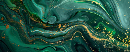 Abstract marble pattern with green and gold in a luxurious liquid ink texture. The gold flow streams in a convex manner.の素材