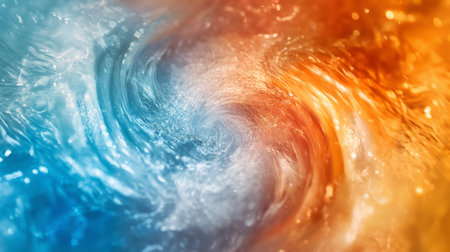 Explosive swirl of water flow in cold and warm temperature colors, on a vivid, soft-colored background.の素材