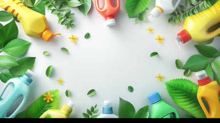 Cleaning concept background pattern featuring colorful detergent bottles and brushes, surrounded by green spring leaves with copy space in the center.の素材