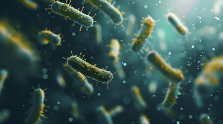 Bacteria and viruses viewed under a microscope. Shallow depth of field.の素材