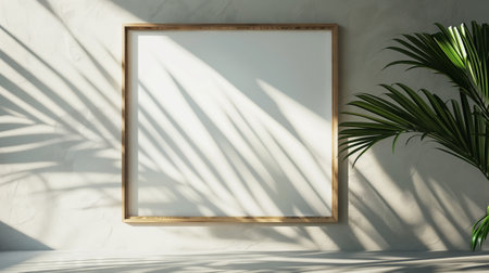 Wall frame sits empty, partially draped in shadows cast by a nearby palm tree's foliage.の素材