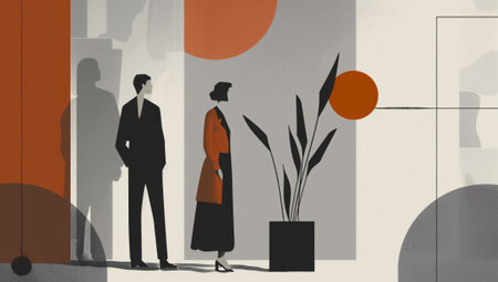 Business people illustration in formalist style, abstract still life, light black and gray, minimal lines, warm color palette.の素材