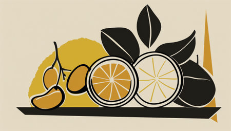Icon illustration of fruits in minimal abstract style; features light yellow, dark gray, and bold black lines for a simple, colorful look, resembling paper cut-outs.の素材
