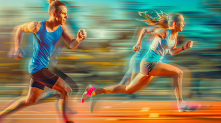 Man and woman sprint away from the camera in a race, with determined faces and a desire to win. Vibrant colors and motion blur add to the environment.の素材