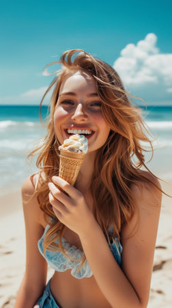 A young, beautiful woman eats ice cream, smiling under the sunny sky on the sandy beach.の素材