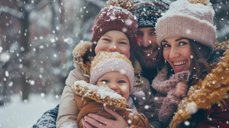 Happy family smiling and having fun in front of the camera during winter snowfall.の素材