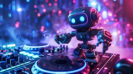 A cloud of modern robots dances at a party with a robot DJ.の素材