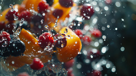 Mix crushed fruits and berries; pieces fly on camera in slow motion, with water and juice drops. Bright colored background. Realistic.の素材