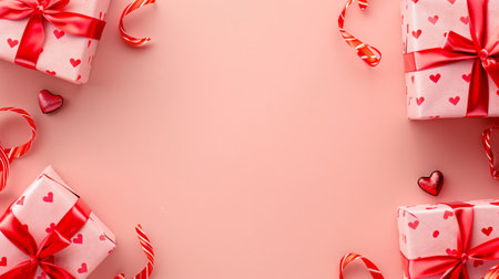 Pink gift boxes with heart textures and red ribbons on the sides, centered free space for text, all on a pastel pink background.の素材