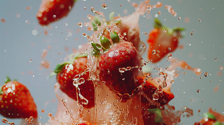 Strawberries in crushed pieces fly towards the camera in slow motion, with water and juice droplets. Bright colored background. Realistic.の素材